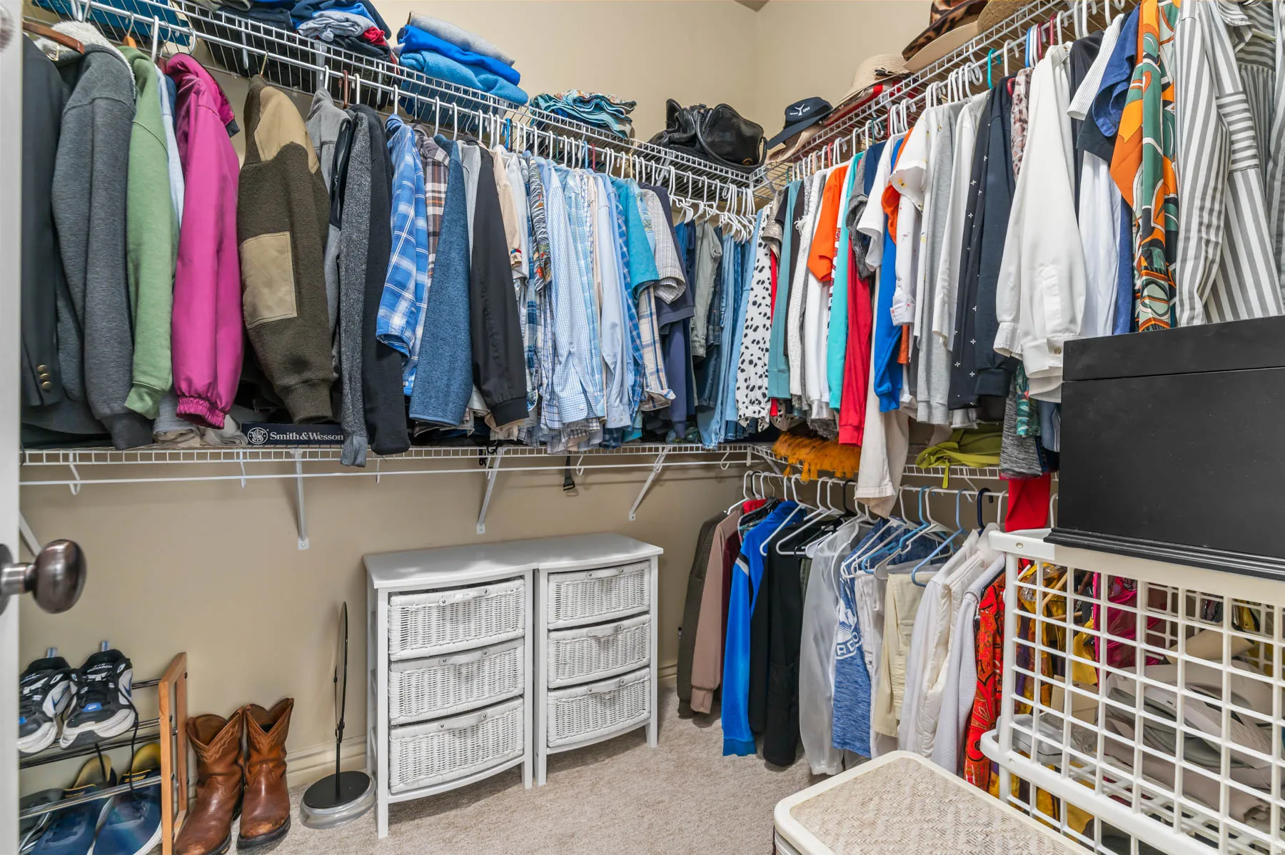 Walk in closet featuring light colored carpet