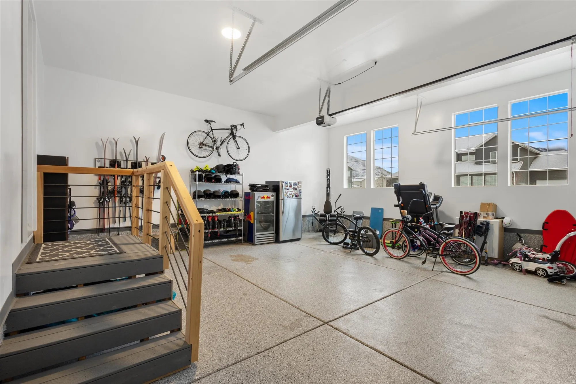 Garage with freestanding refrigerator