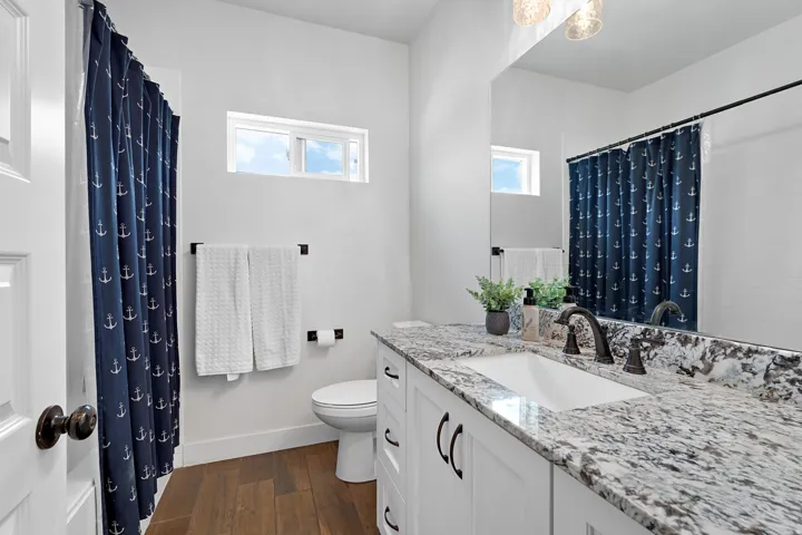Full bathroom featuring dark wood-style flooring, vanity, and a shower with shower curtain