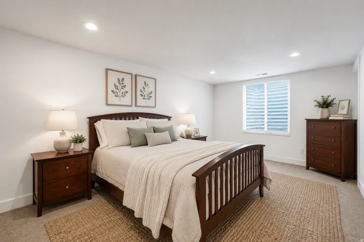 Recessed lighting, white walls, large window, and carpeted flooring
