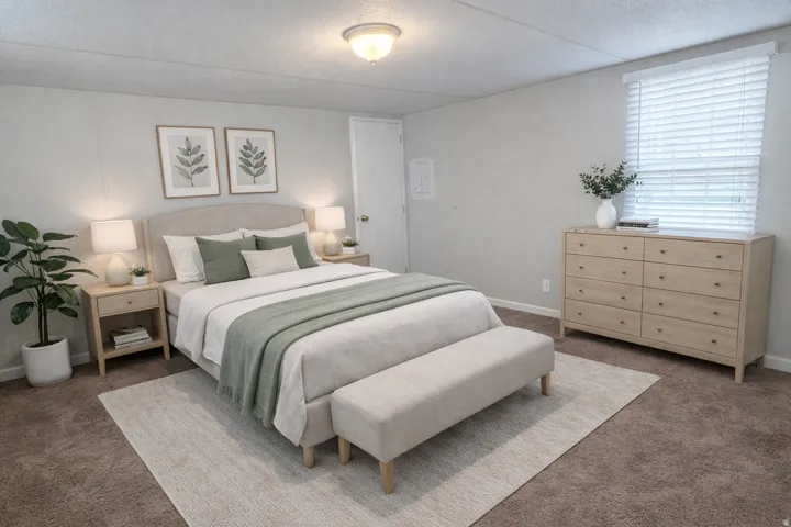 Carpeted bedroom featuring a textured ceiling and baseboards