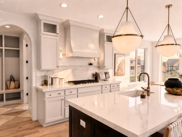 Gourmet kitchen featuring a built-in gas range, white shaker cabinetry, large center island with integrated sink, and recessed lighting