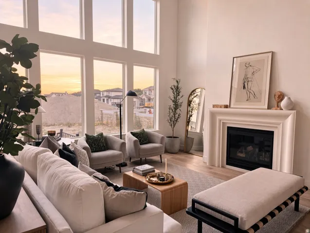 Two-story vaulted ceilings, a built-in fireplace with a substantial mantel, and expansive floor-to-ceiling windows