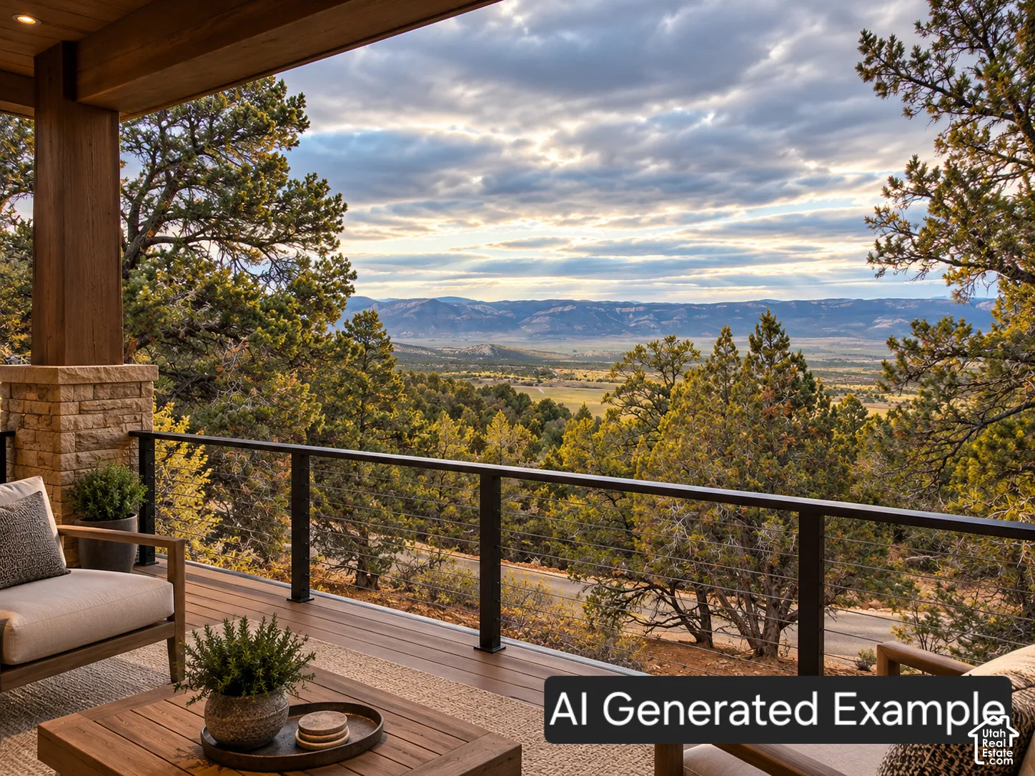 Covered deck featuring wood-finish decking, a stone pillar, a black metal railing with cable infill, and a mountainous landscape
