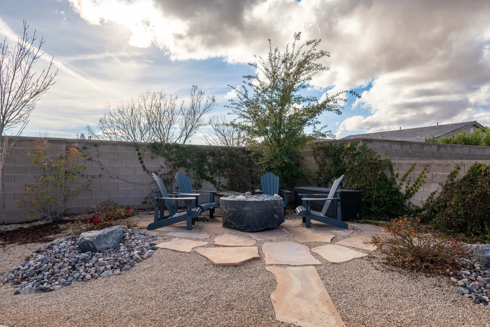 Fenced backyard with a patio area and an outdoor fire pit