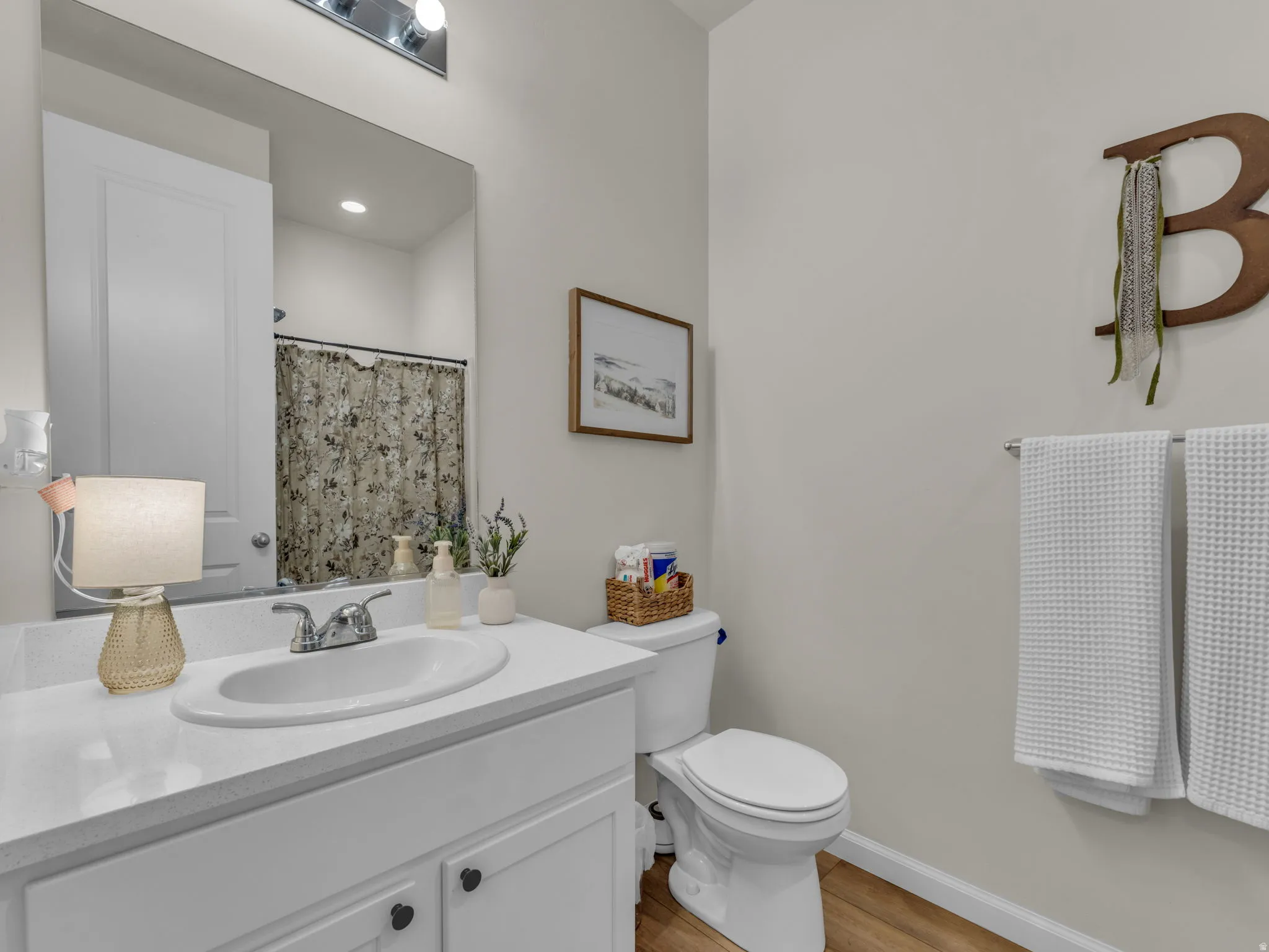 Bathroom featuring vanity, a shower with curtain, and light wood-style flooring