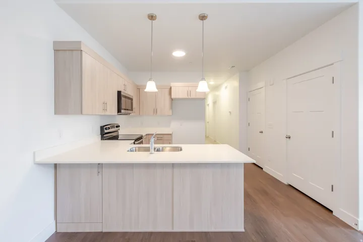 Modern kitchen featuring an island with integrated sink, light wood-finish cabinetry, stainless steel appliances, and pendant lighting