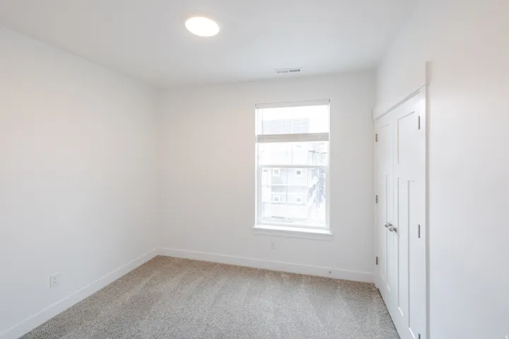 Neutral-toned carpeted interior space featuring a window with white blinds, a contemporary ceiling light fixture, and a built-in closet with panel doors and silver-toned hardware
