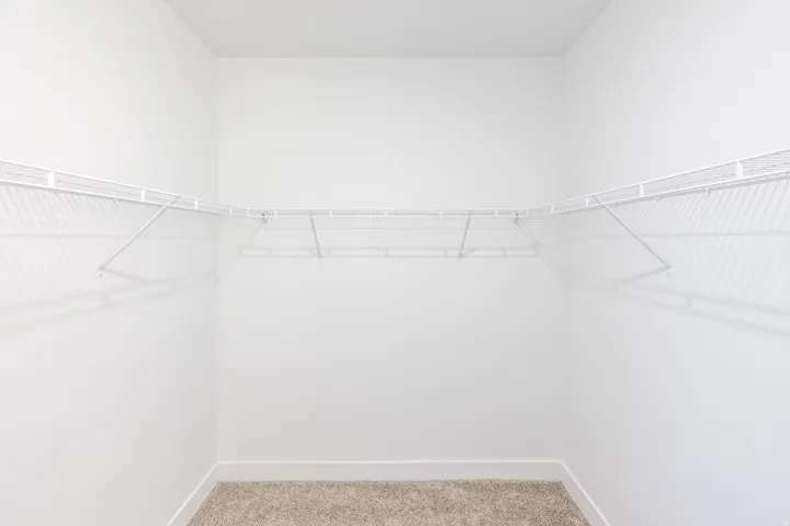 Walk-in closet with white wire shelving system and light-toned carpet flooring