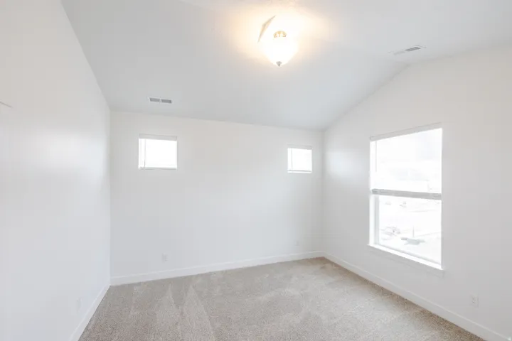 Carpeted room featuring a vaulted ceiling and an overhead light fixture