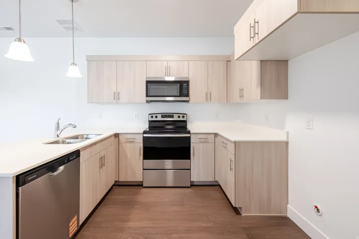 U-shaped kitchen featuring light wood-finish cabinetry, light-toned countertops, and stainless steel appliances including a dishwasher, range, and built-in microwave