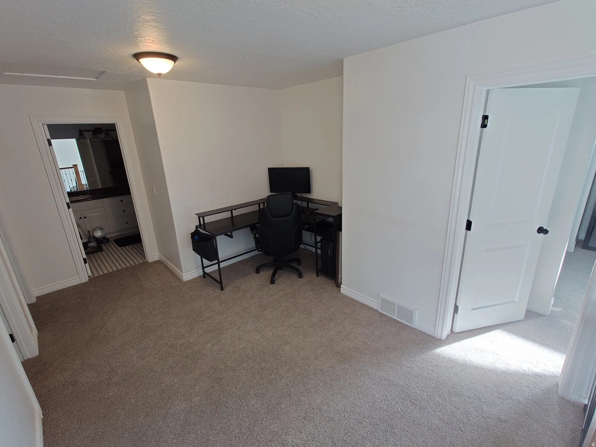 Office with light colored carpet and a textured ceiling
