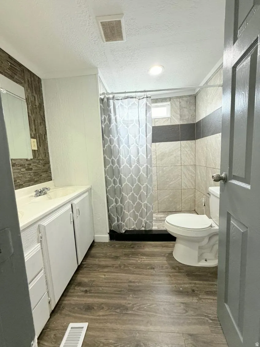 Full bathroom with dark wood-style flooring, vanity, a shower stall, and a textured ceiling