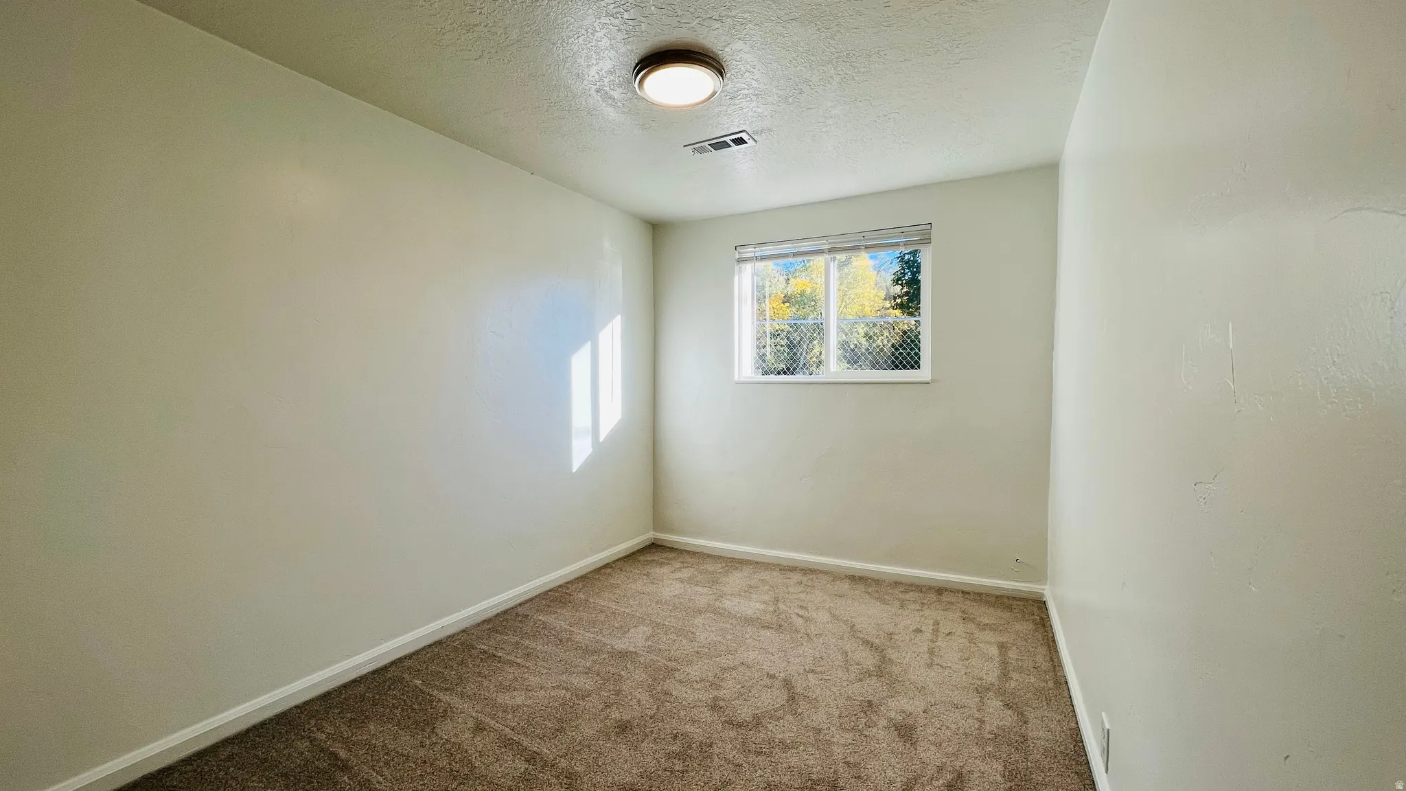 Carpeted spare room with a textured ceiling and baseboards