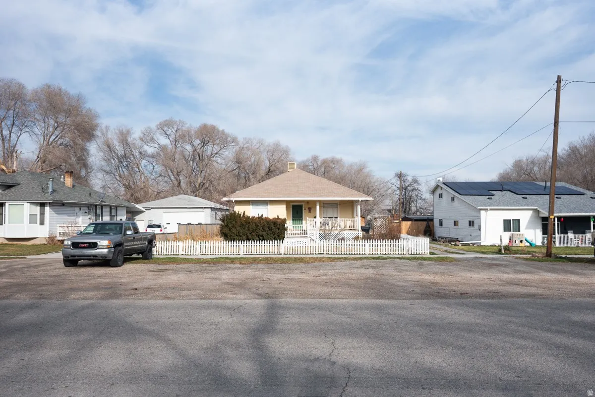 View of front of property with a fenced front yard and a residential view