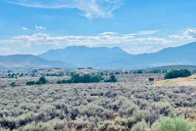 Expansive landscape featuring distant mountains, a residential community, and natural shrubbery