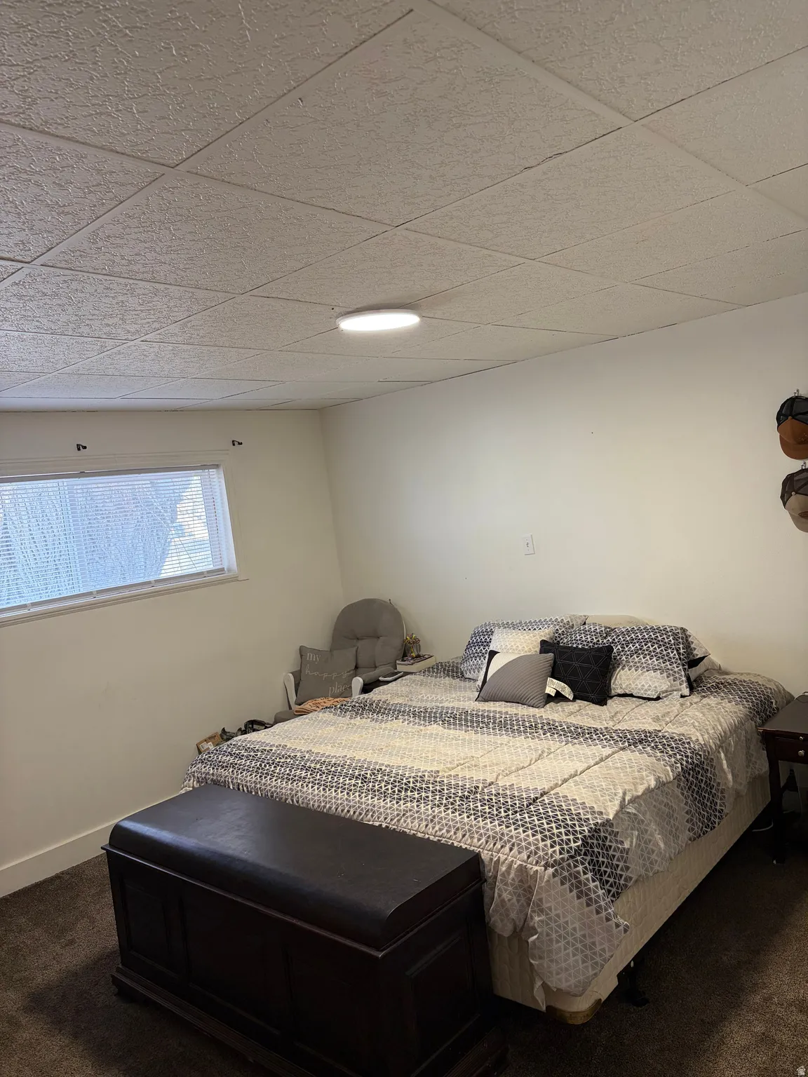 Bedroom featuring dark carpet and a paneled ceiling