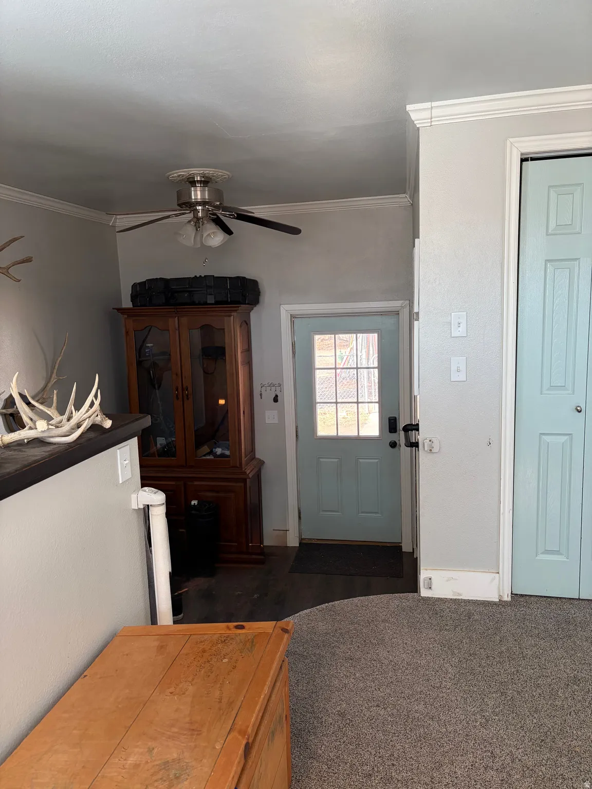 Entryway with ornamental molding, ceiling fan, and dark colored carpet