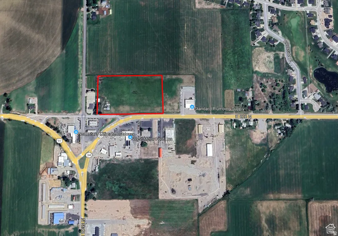 Aerial map of property and surrounding area with property parcel outlined