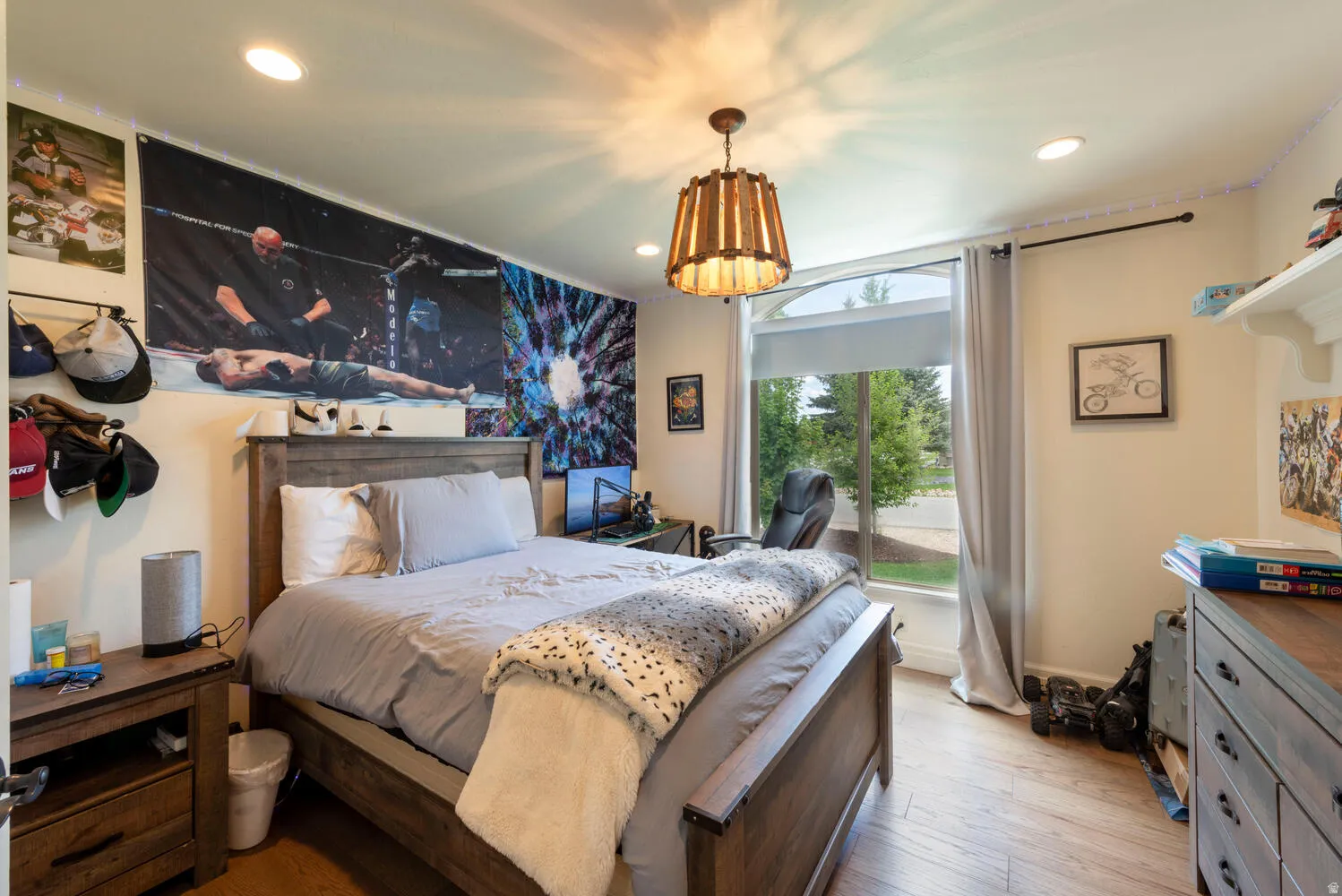 Bedroom with hardwood / wood-style flooring and recessed lighting