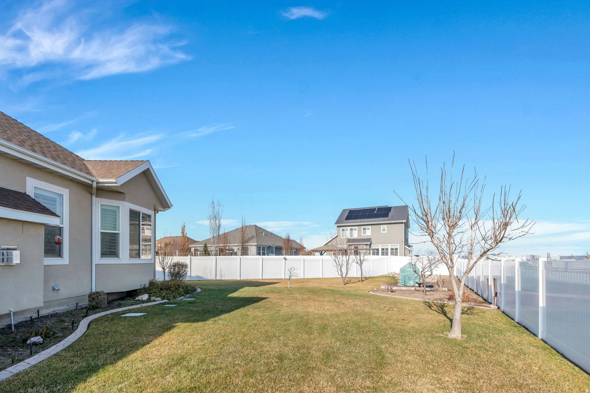 Fenced backyard featuring a residential view