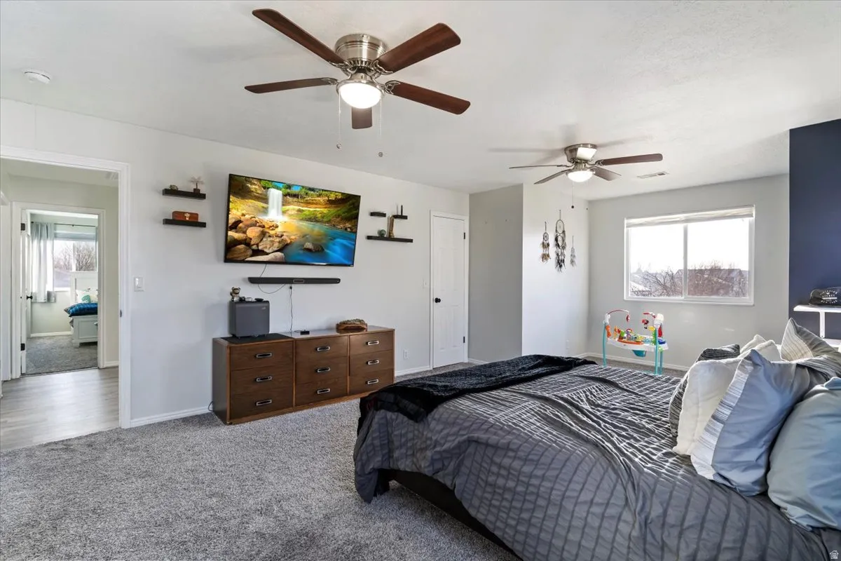 Bedroom featuring multiple windows, carpet, and ceiling fan