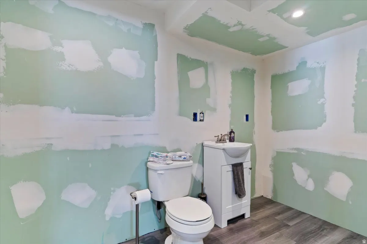 Bathroom with vanity and dark wood-style floors