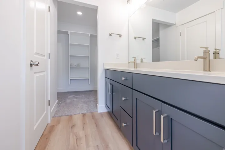 Dual vanity with gray cabinetry, brushed nickel hardware, and light-toned countertops