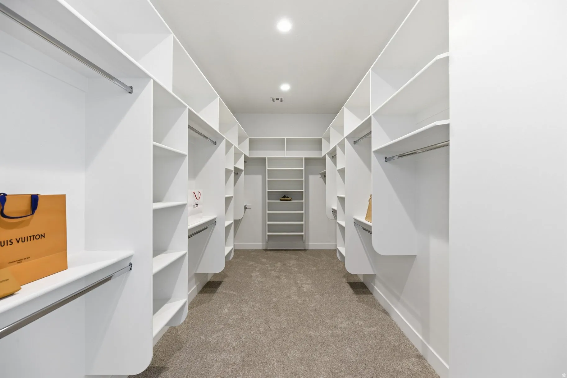 Walk in closet with dark carpet