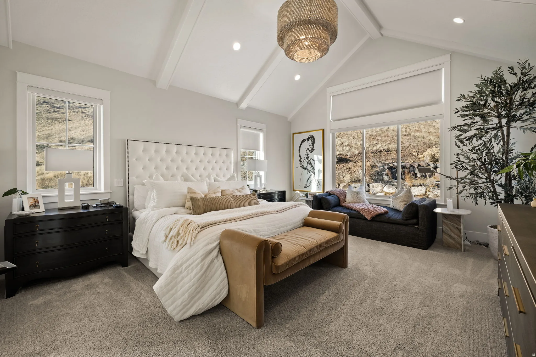 Bedroom featuring carpet floors, beam ceiling, high vaulted ceiling, and recessed lighting
