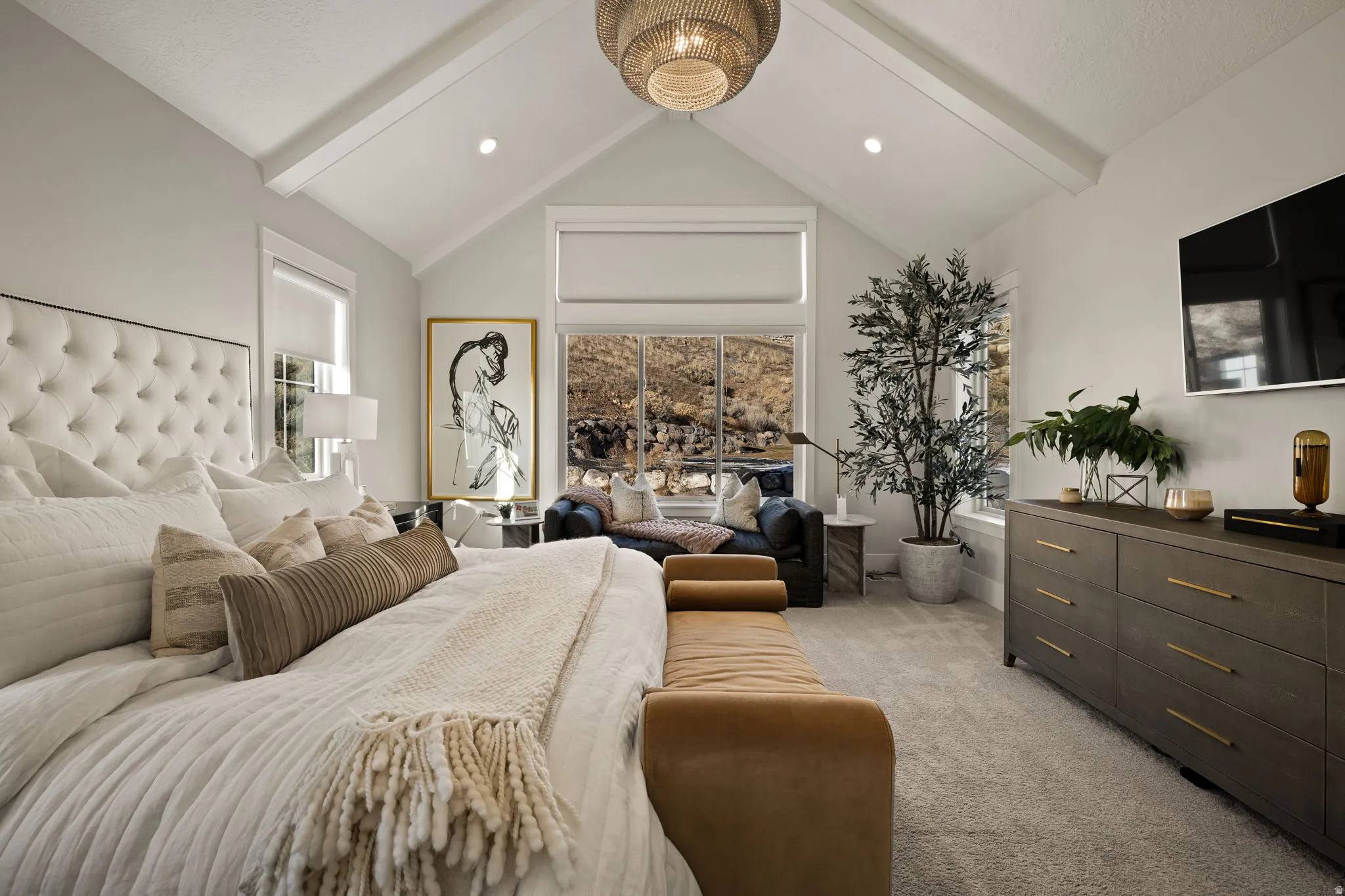 Bedroom featuring light carpet, beamed ceiling, recessed lighting, and high vaulted ceiling