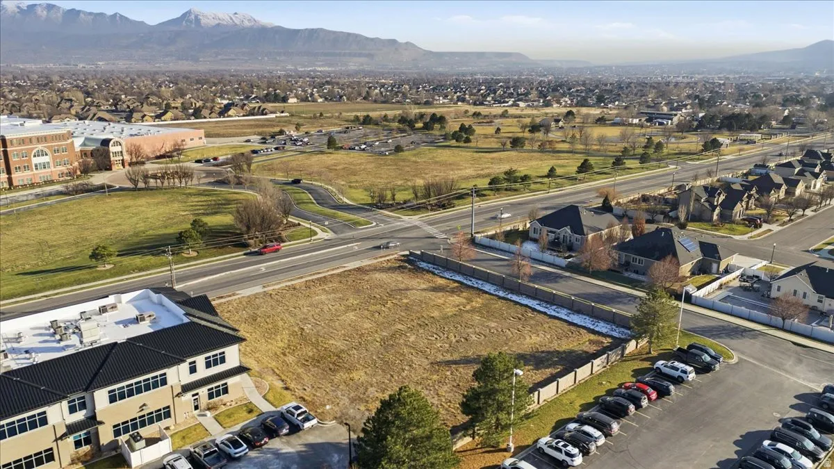 Aerial view of residential area with mountains