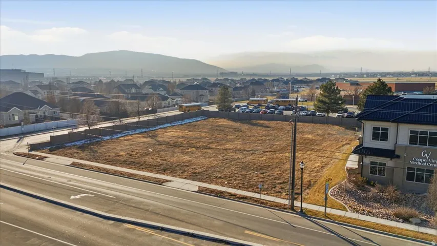 Aerial perspective of suburban area featuring mountains