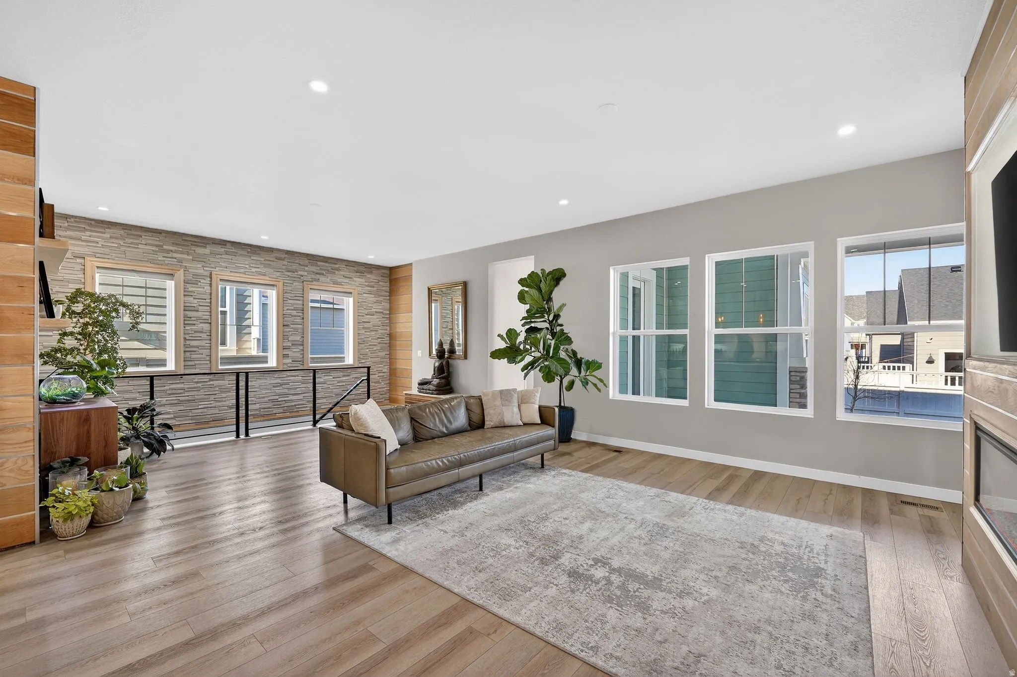 Living room with stone accent wall upgrades