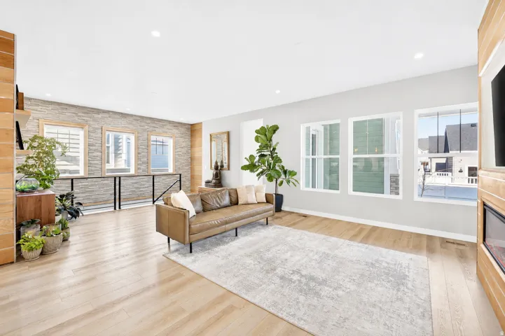 Living room with stone accent wall upgrades