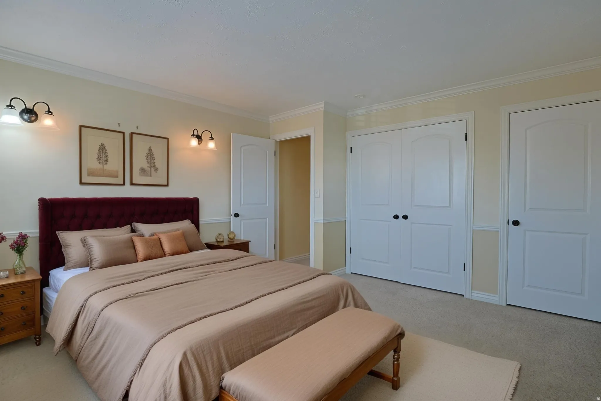 Bedroom with light colored carpet, ornamental molding, and a closet