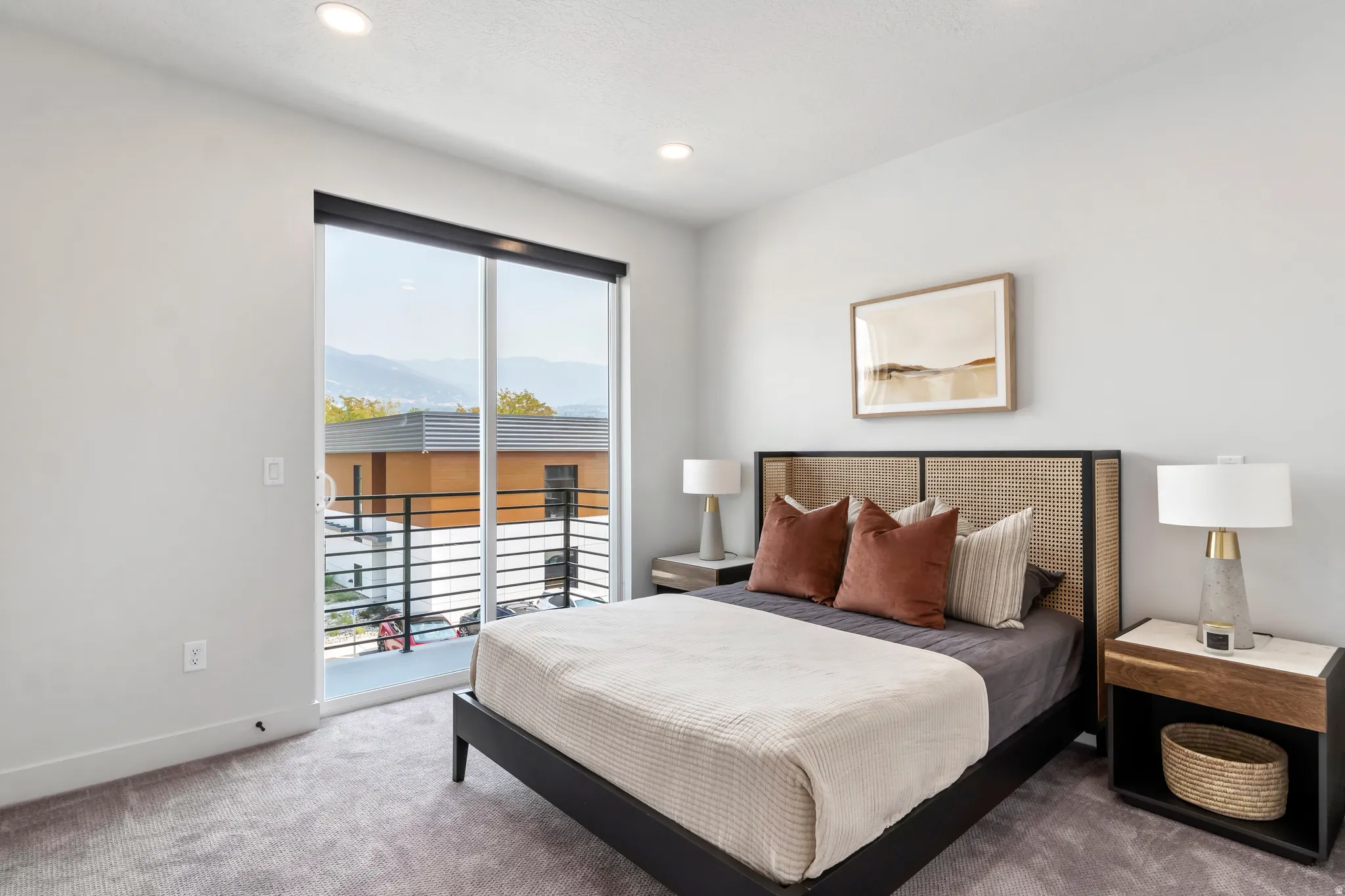Bedroom featuring access to outside, carpet flooring, and recessed lighting. Model Home