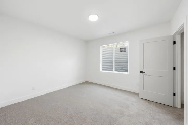 Recessed window well, carpeted flooring, flush-mount ceiling light, white painted walls, and a two-panel interior door with matte black hardware