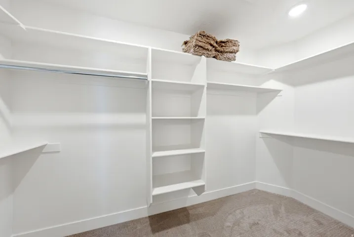 Spacious walk-in closet featuring extensive built-in shelving, hanging rods, recessed ceiling lighting, and neutral carpet flooring