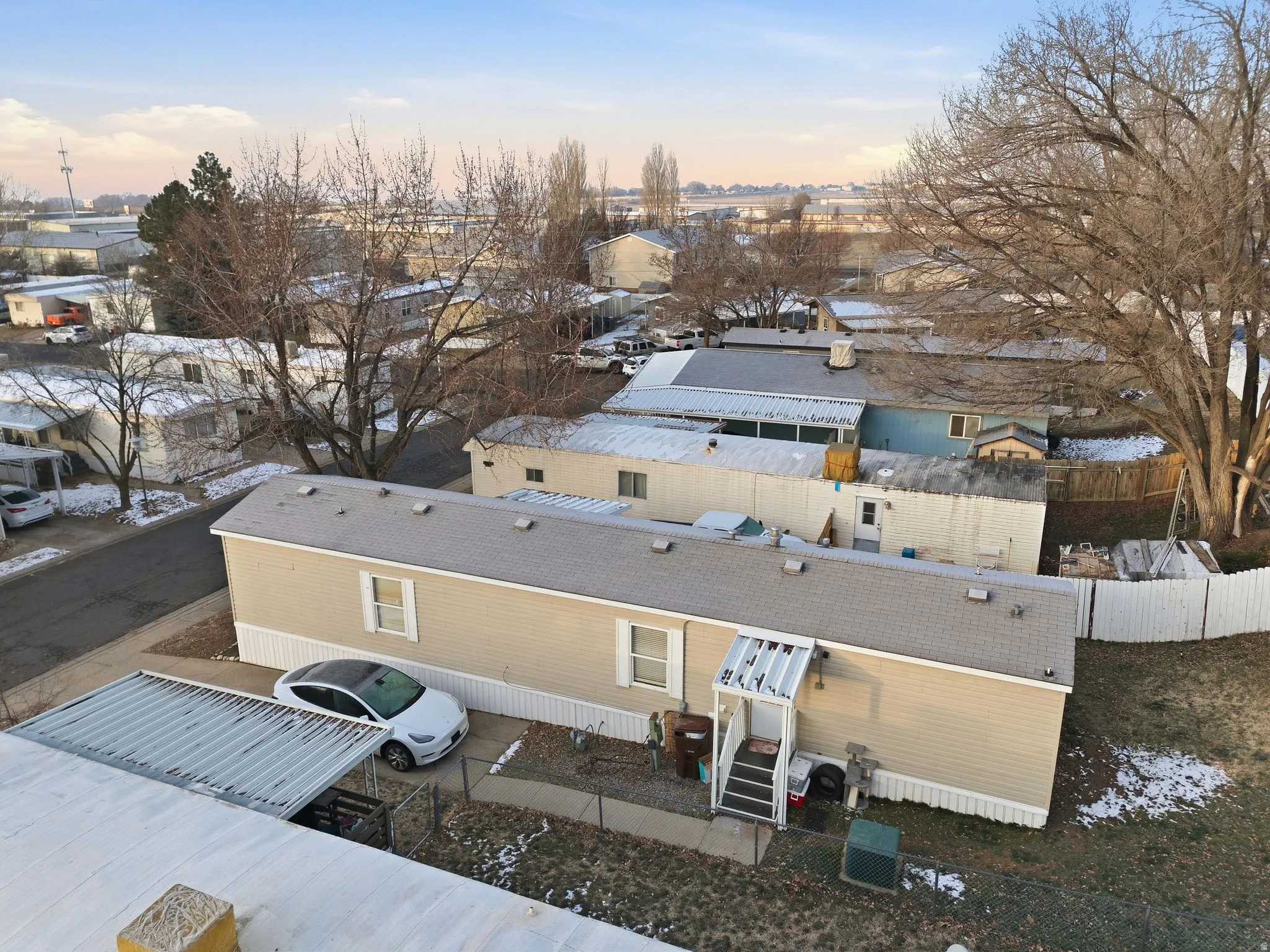 Aerial view at dusk of a residential view