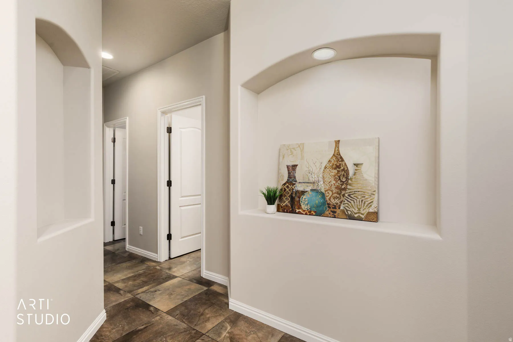 Hallway with recessed lighting and dark stone finish floors