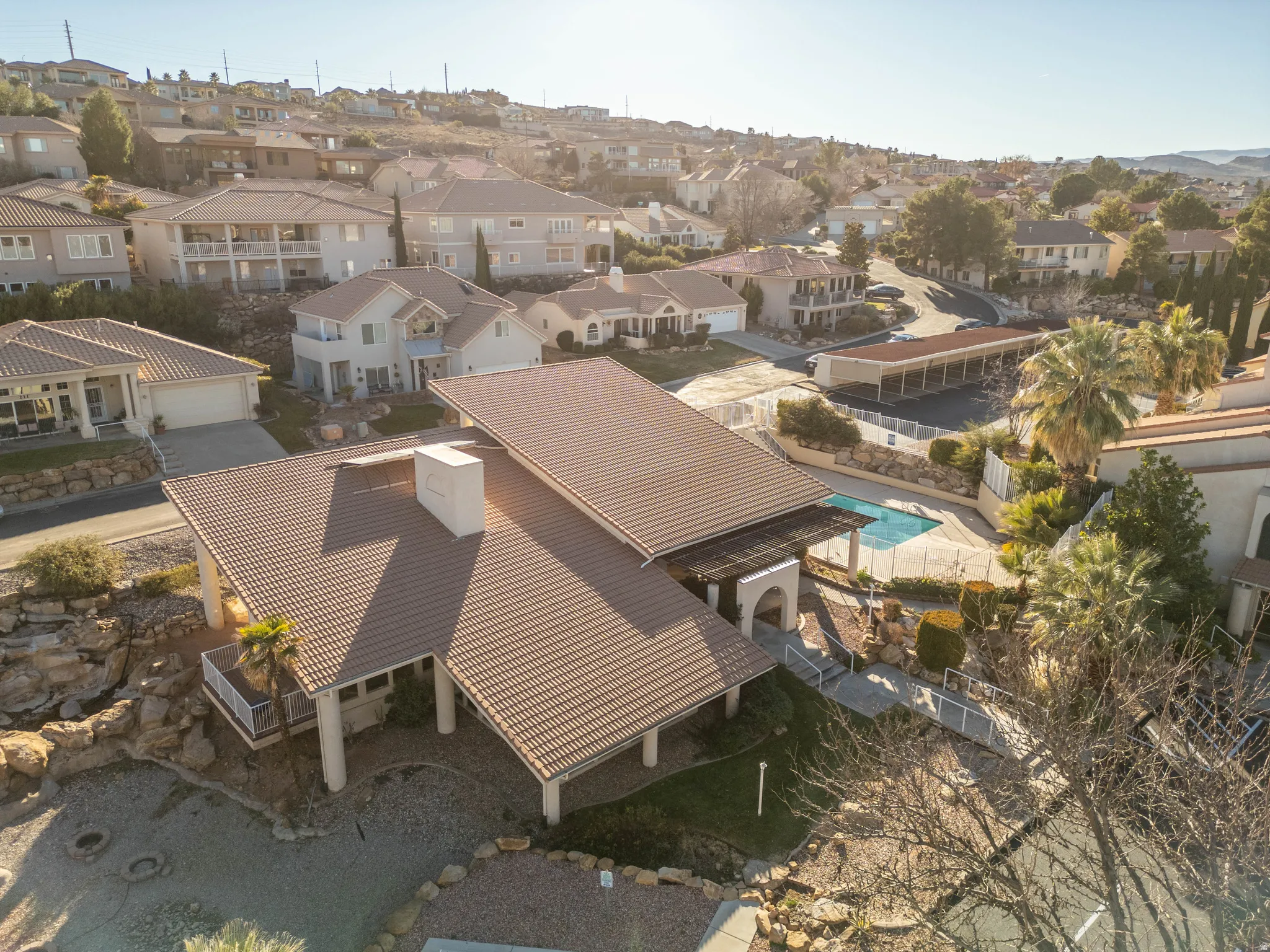 Aerial view of residential area with a pool area
