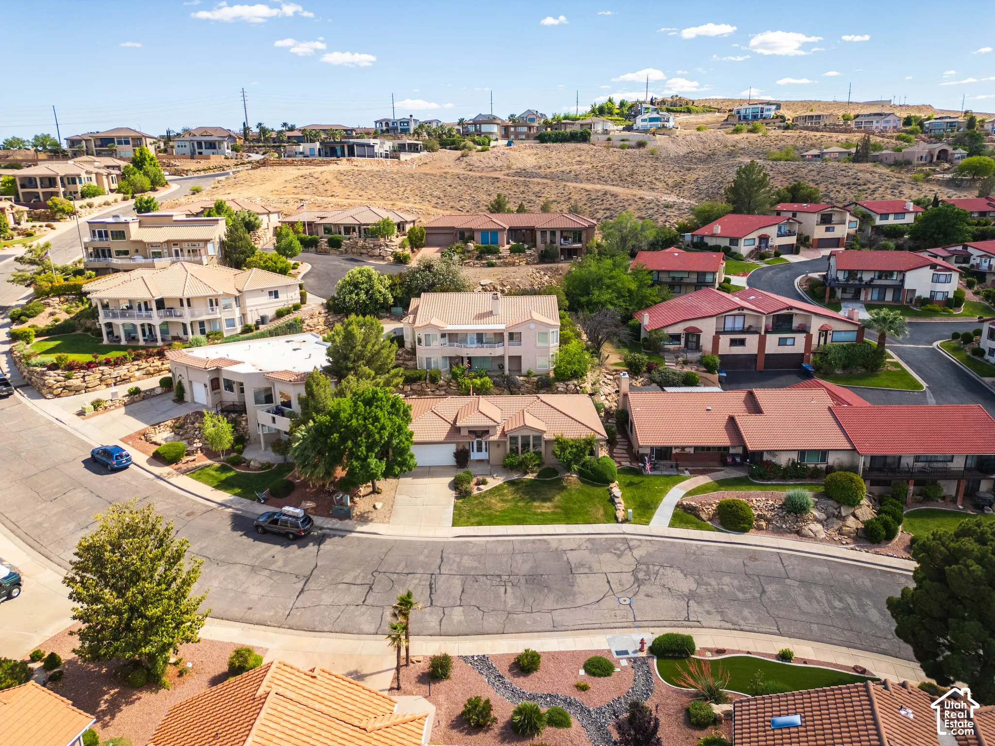 Expansive residential area with a variety of architectural styles, including multi-story and single-story homes