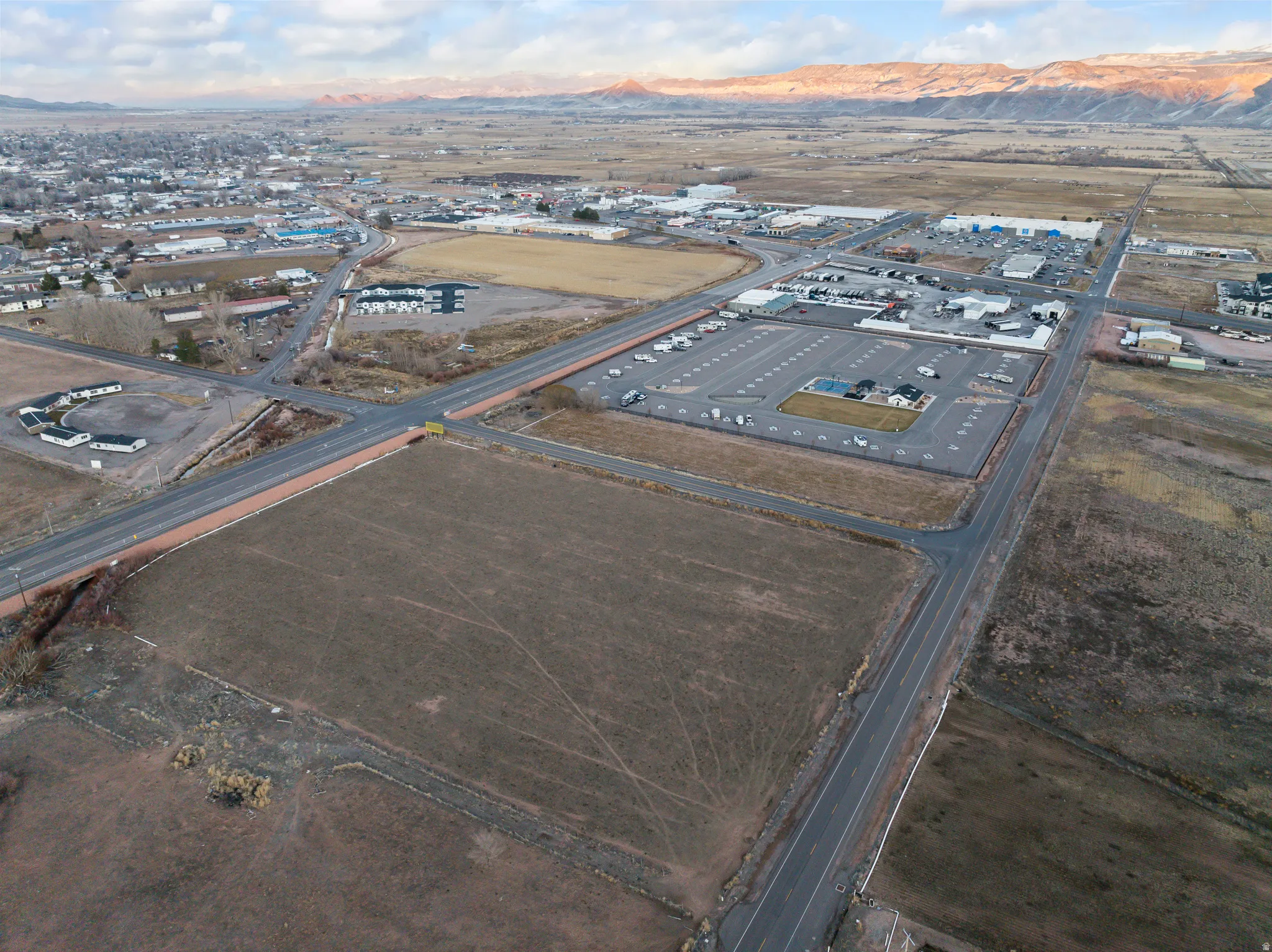 Aerial overview of property's location with mountains