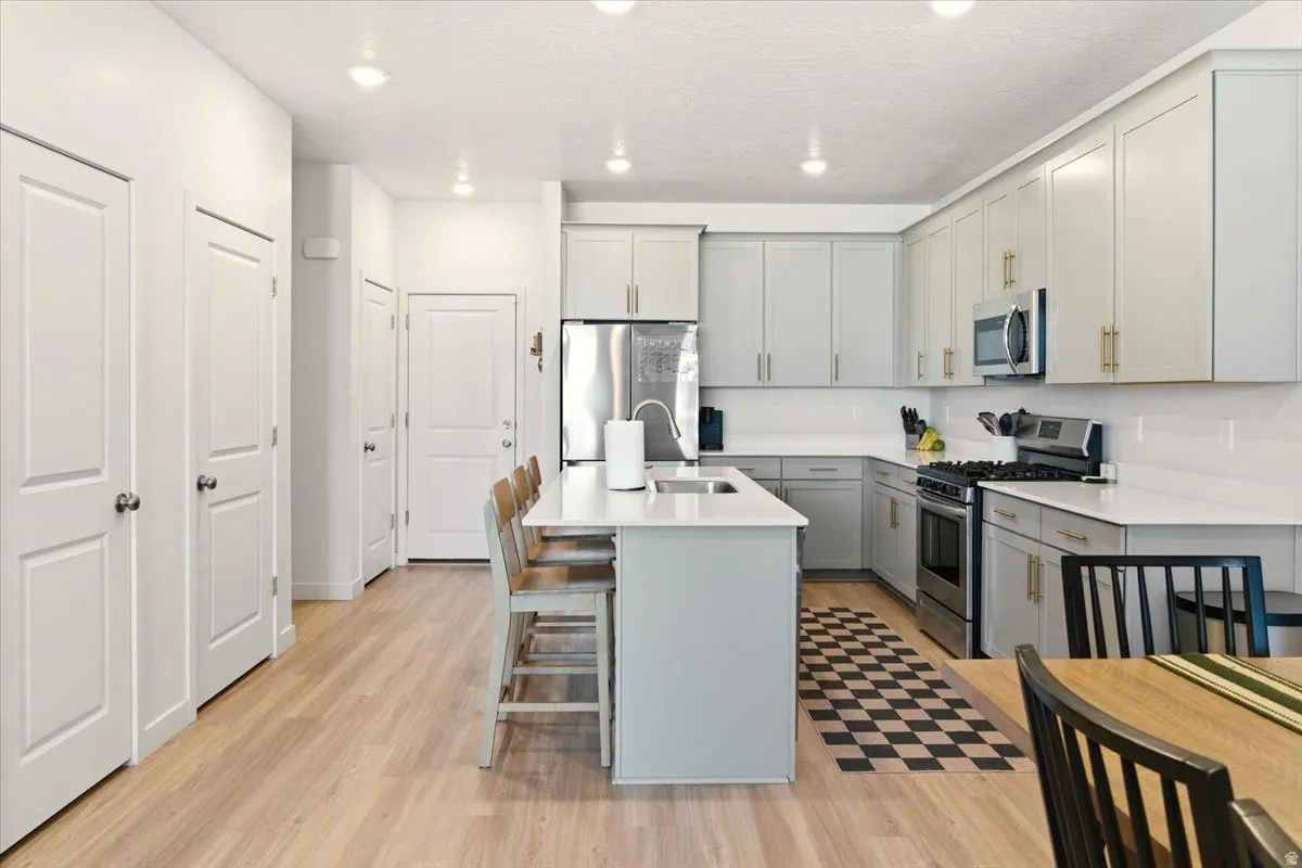 Kitchen with appliances with stainless steel finishes, a kitchen bar, gray cabinets, a center island with sink, and recessed lighting