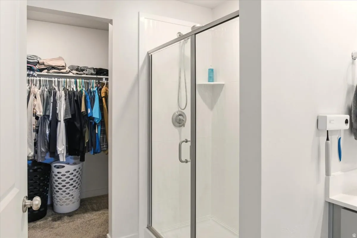 Bathroom with a spacious closet, a shower stall, light carpet, and vanity
