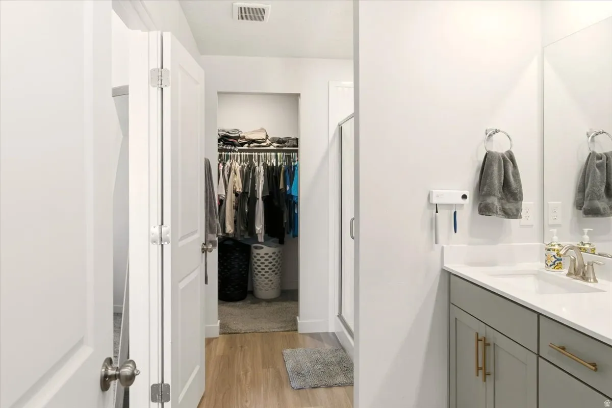 Bathroom featuring vanity, light wood-style flooring, a shower stall, and a spacious closet