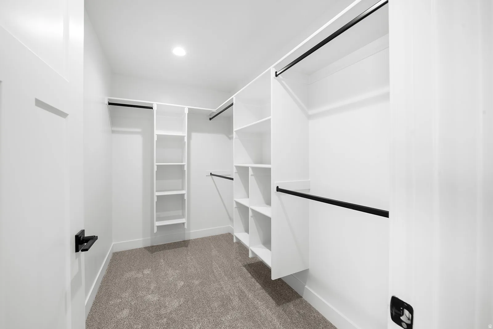 Walk in closet featuring dark colored carpet