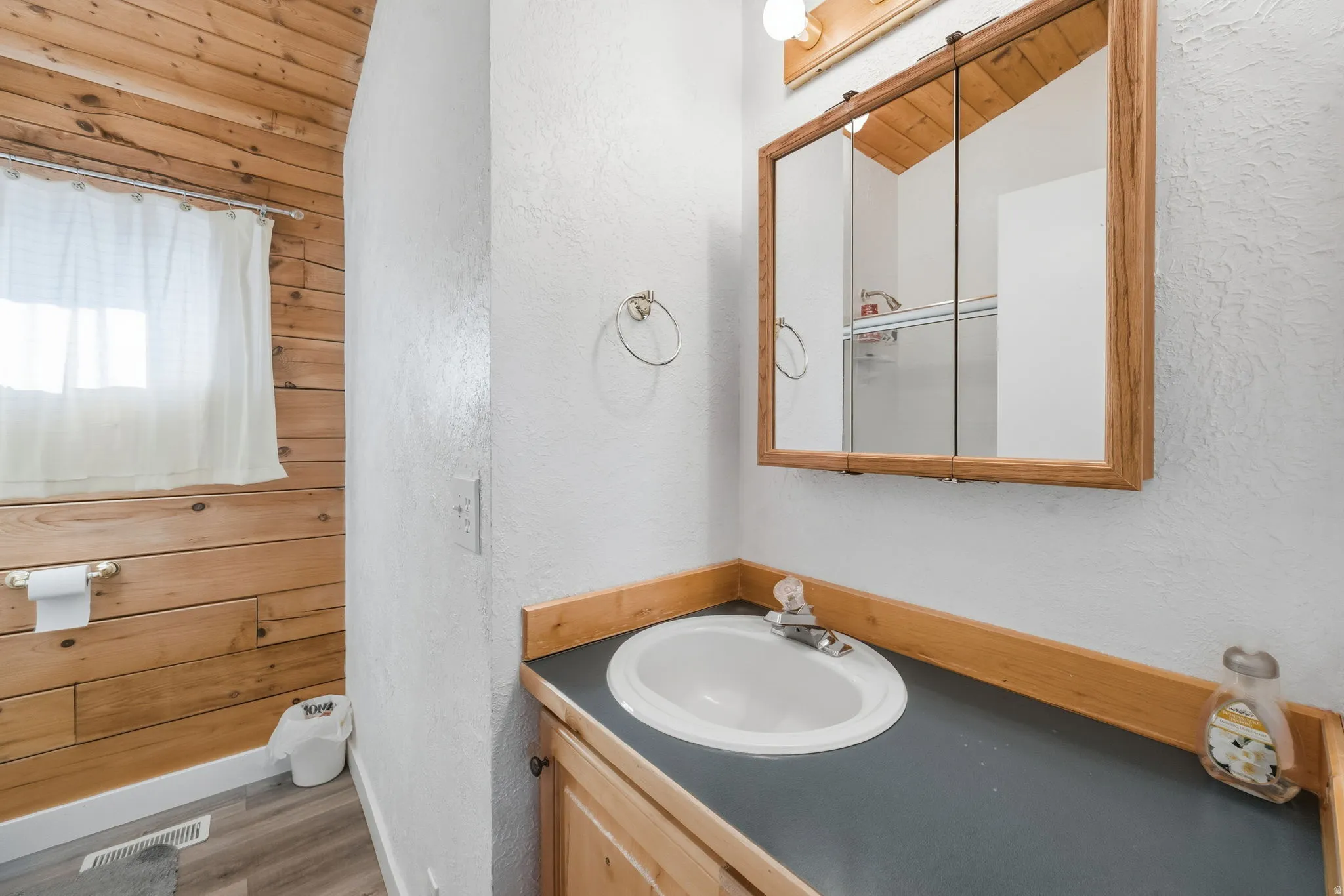 Bathroom with a textured wall, vanity, and wood finished floors