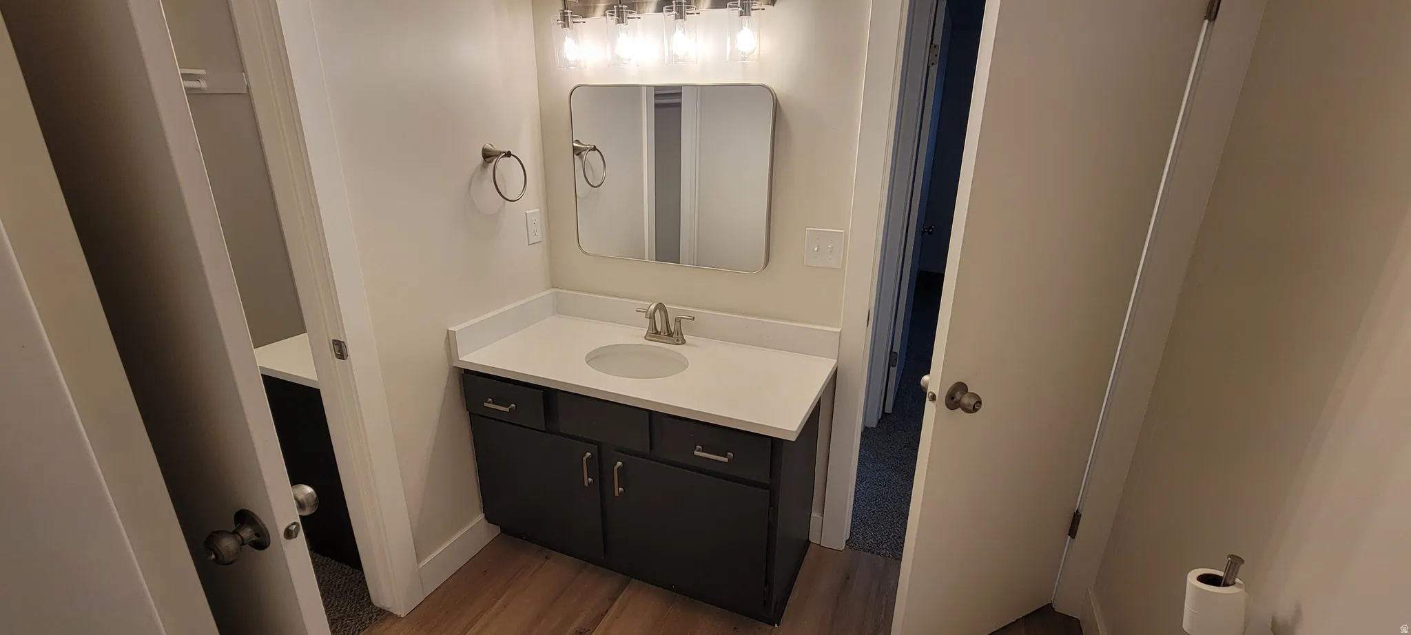 Half bath featuring vanity and wood finished floors